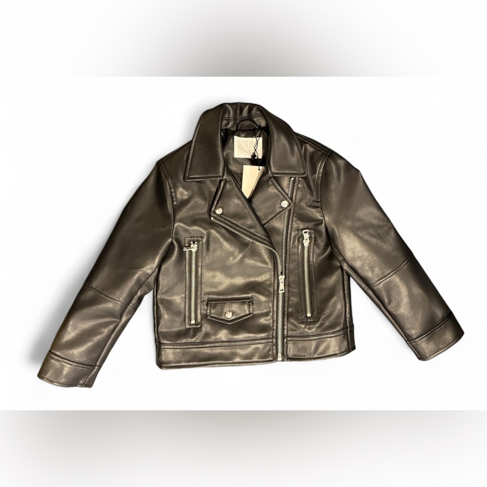 Zara Kids Black Faux Leather Moto Zip Biker Jacket Girls Boys Size 6 NEW Unisex